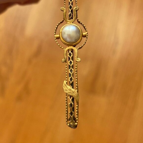 Vintage 10k Solid Yellow Gold Pearl Leaf Accents Bar Shaped Brooch Pin - Picture 7 of 7